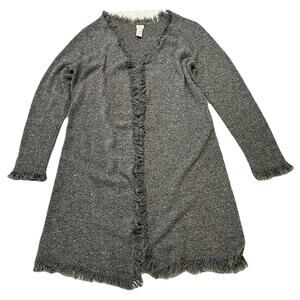 J Jill Cardigan Womens Open Front Bohemian Merino Wool Nubby Gray Fringed M